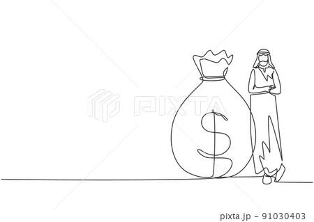 Single one line drawing Arabian businessman in traditional clothes standing near big heavy bag with dollar sign. Successful male leaning on money sack. Continuous line draw design vector illustration Single one line drawing Arabian businessman in traditional clothes standing near big heavy bag with dollar sign. Successful male leaning on money sack. Continuous line draw design vector illustration 91030403