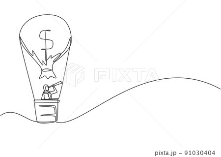 Single one line drawing Arabic businesswoman in hot air balloon looking with telescope. Business, leadership concept. Financial success to achieve goal. Continuous line draw design vector illustration 91030404
