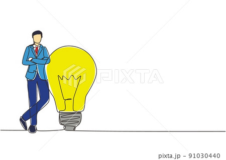 Continuous one line drawing businessman leaning on giant lightbulb, business idea. Business people have ideas leaning against the lamp symbol is good idea. Single line draw design vector illustration Continuous one line drawing businessman leaning on giant lightbulb, business idea. Business people have ideas leaning against the lamp symbol is good idea. Single line draw design vector illustration 91030440