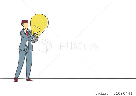 Single one line drawing businessman holds big light bulb as symbol of new idea. Man in suit stands with idea in his hands. Business concept idea and inspiration. Continuous line draw design vector Single one line drawing businessman holds big light bulb as symbol of new idea. Man in suit stands with idea in his hands. Business concept idea and inspiration. Continuous line draw design vector 91030441