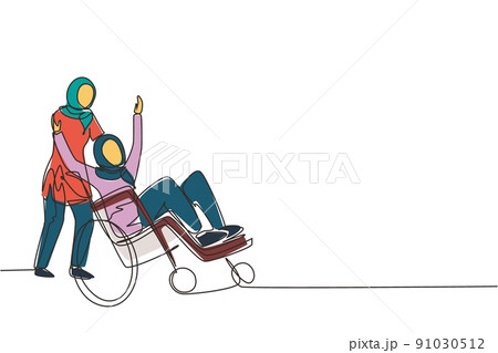 Single continuous line drawing young Arab female volunteer helps disabled old woman, riding on wheelchair in park. Family care, volunteerism, disability care. One line draw design vector illustration Single continuous line drawing young Arab female volunteer helps disabled old woman, riding on wheelchair in park. Family care, volunteerism, disability care. One line draw design vector illustration 91030512