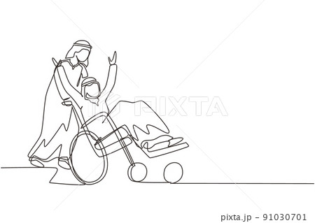 Single continuous line drawing young Arabian male volunteer helps disabled old man, riding on wheelchair in park. Family care, volunteerism, disability care. One line draw design vector illustration 91030701