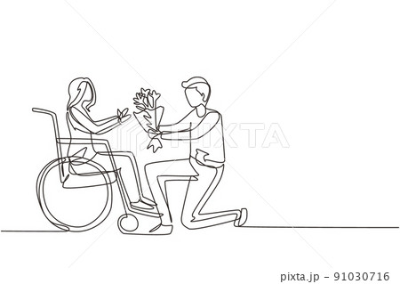 Single continuous line drawing male and disabled female in wheelchair. Man give bouquet of flower to woman. Caregiver, family moral support. Disability rehabilitation. One line draw design vector 91030716