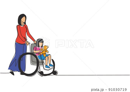 Continuous one line drawing mother with disabled daughter in wheelchair came for examination at clinic hospital. Mom helps child with disabilities. Single line draw design vector graphic illustration Continuous one line drawing mother with disabled daughter in wheelchair came for examination at clinic hospital. Mom helps child with disabilities. Single line draw design vector graphic illustration 91030719