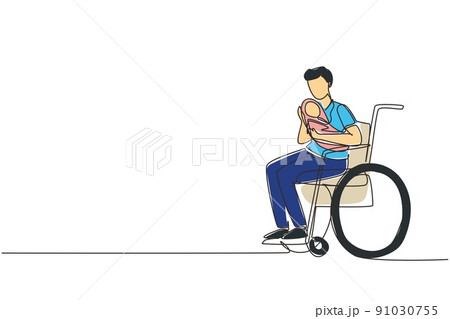 Continuous one line drawing parents with newborn baby. Male hold baby, sitting in wheelchair. Disabled man holding baby in his arms. Family love concept. Single line draw design vector illustration 91030755