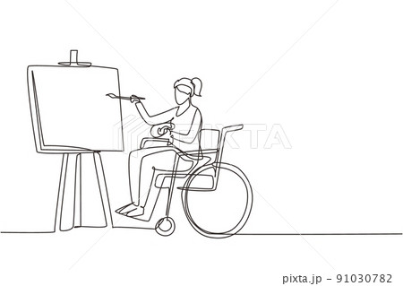 Single one line drawing disabled woman in wheelchair painting landscape on canvas. Rehabilitation physiotherapy concept. Physical disability, society. Continuous line draw design vector illustration Single one line drawing disabled woman in wheelchair painting landscape on canvas. Rehabilitation physiotherapy concept. Physical disability, society. Continuous line draw design vector illustration 91030782
