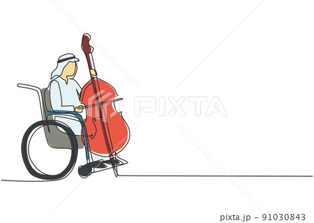 Single one line drawing young Arab man sitting in wheelchair plays cello in concert. Disability and classical music. Physically disabled. Person in hospital. Continuous line draw design graphic vector 91030843