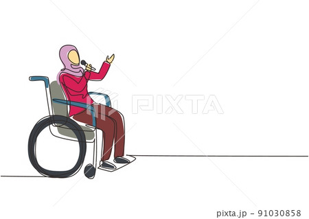 Single continuous line drawing disabled person enjoying life. Arabian woman sitting in wheelchair singing at karaoke. Spend time in recreational place. One line draw graphic design vector illustration Single continuous line drawing disabled person enjoying life. Arabian woman sitting in wheelchair singing at karaoke. Spend time in recreational place. One line draw graphic design vector illustration 91030858