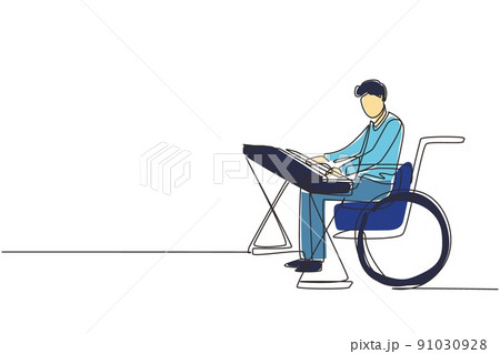 Single continuous line drawing handsome male keyboardist sit wheelchair playing electric keyboard, sing song. Physically disabled. Rehabilitation center. One line draw design vector illustration 91030928