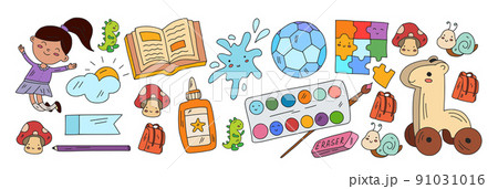 Creativity and imagination. Vector icons with school items. Creativity and imagination. Vector icons with school items. 91031016
