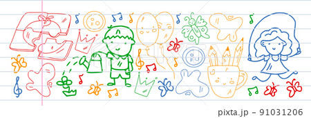 Creativity and imagination. Vector icons with school items. 91031206
