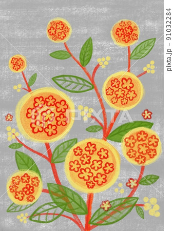 想像の花、黄色い花、オレンジ色の花、小さな花の塊 91032284
