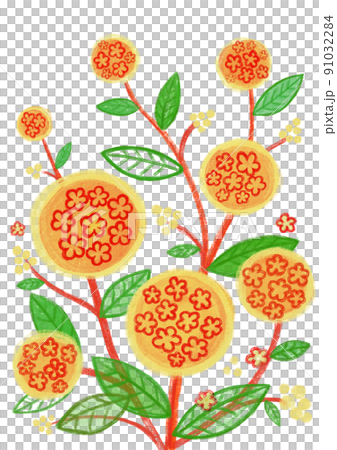 想像の花、黄色い花、オレンジ色の花、小さな花の塊 91032284