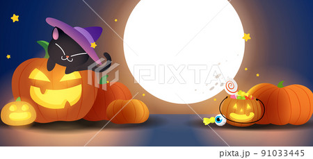 Halloween party banner with carved pumpkins with moon in the background 91033445