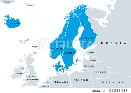 Scandinavia, political map. A subregion in Northern Europe, most commonly referring to Denmark, Norway, and Sweden, and more broadly also with Aland, Faroe Islands, Finland and Iceland. Illustration. Scandinavia, political map. A subregion in Northern Europe, most commonly referring to Denmark, Norway, and Sweden, and more broadly also with Aland, Faroe Islands, Finland and Iceland. Illustration. 91033453