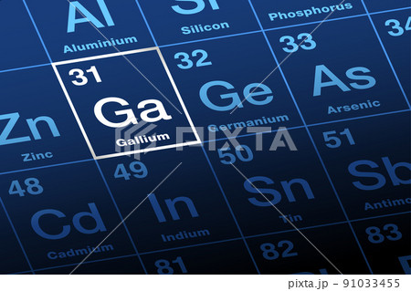Gallium on periodic table of the elements. Metal and chemical element with symbol Ga, from Latin Gallia for Gaul, and with atomic number 31. Used for semiconductors and alloys with low melting points. 91033455