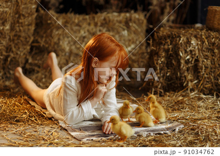 Little girl and cute ducklings are sitting in a basket in the kitchen. 91034762