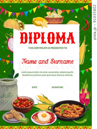 Chef diploma, Mexican cuisine meals, fruits and tea, cooking school vector certificate. Chef diploma award for food classes or culinary workshop with Mexican cuisine food, tacos, pozole and nachos 91035802