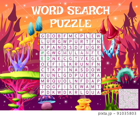 Magic fairytale mushrooms on alien planet. Word search puzzle game worksheet. Vocabulary puzzle, or quiz vector page, children text playing activity with words finding task and vibrant alien mushrooms Magic fairytale mushrooms on alien planet. Word search puzzle game worksheet. Vocabulary puzzle, or quiz vector page, children text playing activity with words finding task and vibrant alien mushrooms 91035803