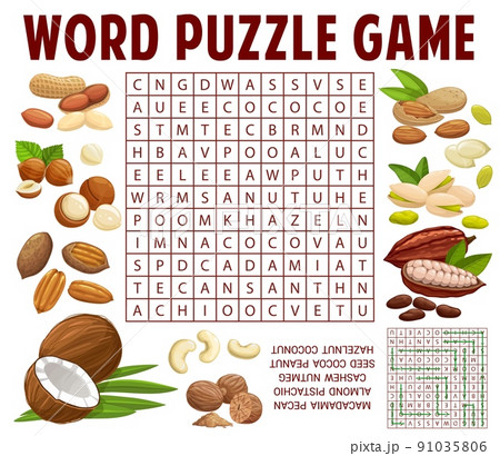 Nuts and kernels word search puzzle game vector worksheet. Kids quiz grid or education riddle with cartoon nut food, peanut, almond, pistachio and hazelnut, nutmeg, coconut, cashew and macadamia 91035806
