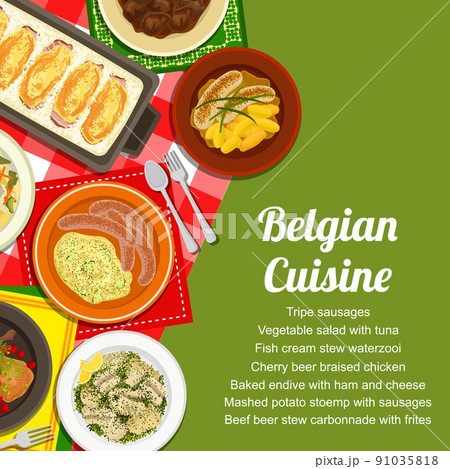 Belgian cuisine menu cover. Mashed potato Stoemp with sausages, cherry beer braised chicken and baked endive, vegetable salad, fish and beef stew, potato salad with beans and bacon, Tripe sausages Belgian cuisine menu cover. Mashed potato Stoemp with sausages, cherry beer braised chicken and baked endive, vegetable salad, fish and beef stew, potato salad with beans and bacon, Tripe sausages 91035818