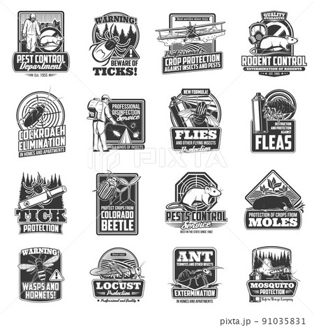 Pest control exterminator, pest bug, insect and rodent animal vector icons. Isolated cockroach, mosquito and ant, pesticide and insecticide spray, flea, fly, tick, mouse and rat monochrome badges 91035831
