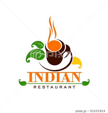 Indian restaurant icon with tea. Asian cuisine, indian food cafe or restaurant vector symbol, colorful emblem or simple icon with cup of steaming hot drink, culinary herbs or spices 91035834