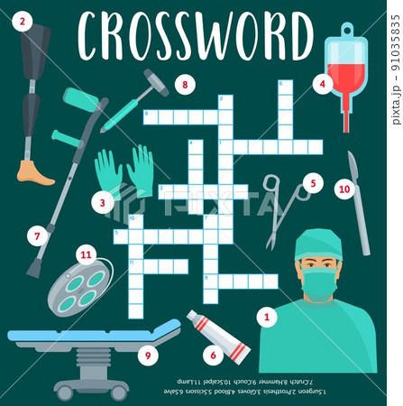 Surgeon and surgery medicine crossword worksheet. Find a word vector quiz game or grid puzzle for kids education with surgeon, scalpel, scissors, blood and gloves, prosthesis, hammer, lamp and crutch 91035835