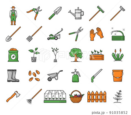 Agriculture farming and gardening icons of farmer tools, vector farm equipment. Garden shovel and rake with watering can and wheelbarrow, gardening secateurs, spade and lawn mower with pruner 91035852