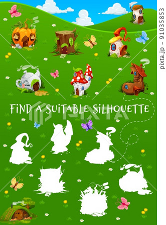 Cartoon village of gnome and elf houses, find suitable silhouette of dwelling, vector kids game. Shadow match puzzle worksheet to find same dwarf or gnome homes in mushroom, boot or tree stump 91035853