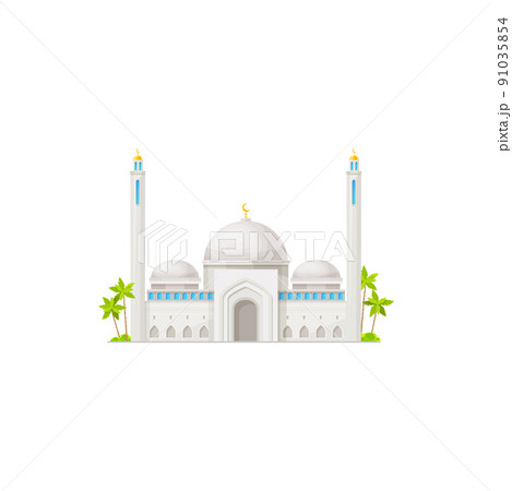 White arabian mosque building icon. Islamic religion ancient temple facade, muslim culture architecture attraction or isolated vector mosque with marble walls and golden crescents on minaret towers 91035854