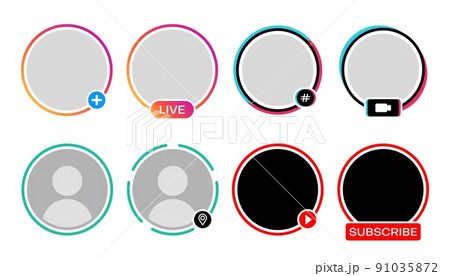 Social media avatar frames, live video icons for Instagram story, vector gradient circle templates. Social media user profile or avatar frame for broadcast stream with subscribe, play and hashtag tags 91035872