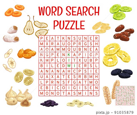 Dried fruits and snacks on word search puzzle game worksheet. Children quiz grid, logical game or kids intelligence test with vocabulary and alphabet learning activity. Child educational puzzle riddle Dried fruits and snacks on word search puzzle game worksheet. Children quiz grid, logical game or kids intelligence test with vocabulary and alphabet learning activity. Child educational puzzle riddle 91035879