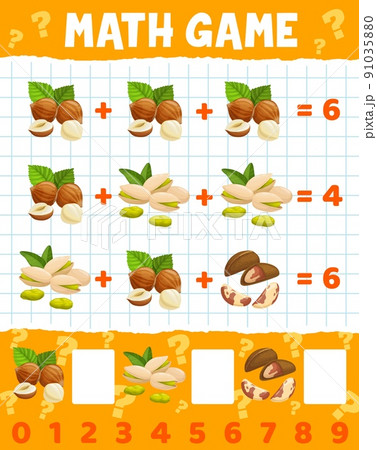 Pistachio, hazelnut and brazilian nuts math game worksheet. Cartoon vector education maze, puzzle for numeracy, addition and mathematics skills development, educational riddle for kids learn counting 91035880