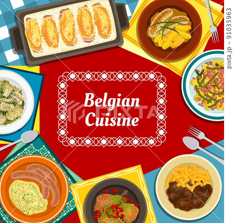 Belgian cuisine menu cover. Cherry beer braised chicken, Tripe sausages and potato salad, mashed potato Stoemp, baked endive, fish stew Waterzooi, salad with tuna and Carbonnade stew with french fries Belgian cuisine menu cover. Cherry beer braised chicken, Tripe sausages and potato salad, mashed potato Stoemp, baked endive, fish stew Waterzooi, salad with tuna and Carbonnade stew with french fries 91035963