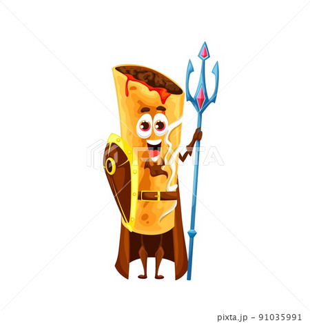 Cartoon mexican chimichanga defender character with vector shield, trident spear and cape. Fried burrito superhero or guard personage of tex mex fast food tortilla roll with meat, funny wrap sandwich Cartoon mexican chimichanga defender character with vector shield, trident spear and cape. Fried burrito superhero or guard personage of tex mex fast food tortilla roll with meat, funny wrap sandwich 91035991
