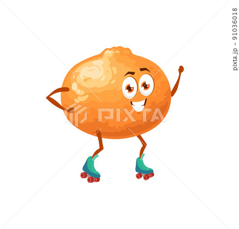 Funny tangerine fruit on rollers, vector cartoon food character. Tangerine citrus fruit on roller skates, fruits in fitness sport or leisure fun, kids personage for vitamin food or emoticon 91036018