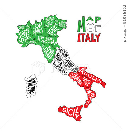 Italian map with administrative province names - Abruzzo, Aosta Valley, Apulia, Basilicata, Calabria and more. Map of Italy with region infographic 91036152