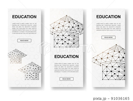 Set of three Graduation cap polygonal vertical banners. 3d E-learning low poly symbols with connected dots. Vertical illustration for homepage design. 91036165