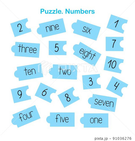 Puzzle print and cut leaning numbers, vector illustration, English language practice Puzzle print and cut leaning numbers, vector illustration, English language practice 91036276
