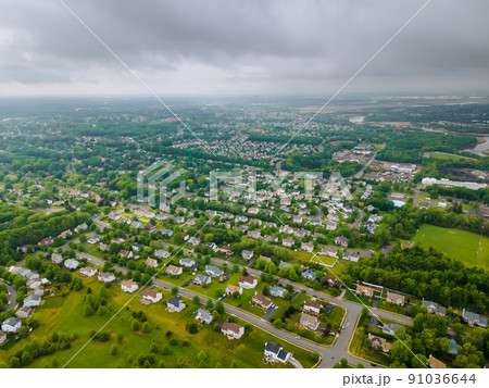 Panorama aerial top view landscape the residential quarters at beautiful town in New Jersey USA Panorama aerial top view landscape the residential quarters at beautiful town in New Jersey USA 91036644