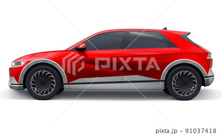 Ultra progressive electric hatchback SUV for people who love technology. Red car on a white isolated background. 3d illustration. Ultra progressive electric hatchback SUV for people who love technology. Red car on a white isolated background. 3d illustration. 91037418