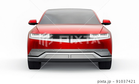 Ultra progressive electric hatchback SUV for people who love technology. Red car on a white isolated background. 3d illustration. Ultra progressive electric hatchback SUV for people who love technology. Red car on a white isolated background. 3d illustration. 91037421
