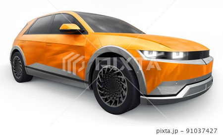 Ultra progressive electric hatchback SUV for people who love technology. Orange car on a white isolated background. 3d illustration. 91037427