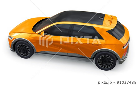 Ultra progressive electric hatchback SUV for people who love technology. Orange car on a white isolated background. 3d illustration. 91037438