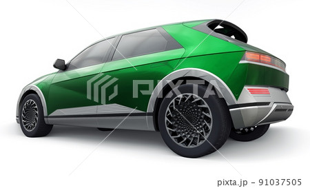 Ultra progressive electric hatchback SUV for people who love technology. Green car on a white isolated background. 3d illustration. 91037505