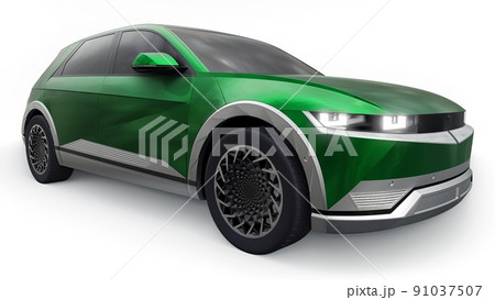 Ultra progressive electric hatchback SUV for people who love technology. Green car on a white isolated background. 3d illustration. 91037507
