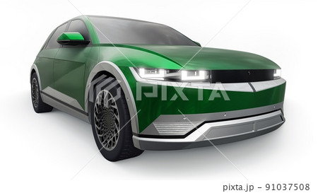 Ultra progressive electric hatchback SUV for people who love technology. Green car on a white isolated background. 3d illustration. Ultra progressive electric hatchback SUV for people who love technology. Green car on a white isolated background. 3d illustration. 91037508