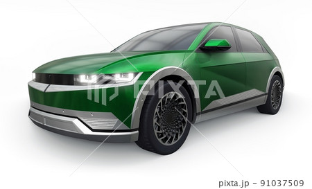 Ultra progressive electric hatchback SUV for people who love technology. Green car on a white isolated background. 3d illustration. 91037509