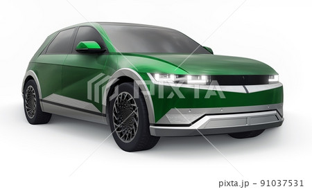 Ultra progressive electric hatchback SUV for people who love technology. Green car on a white isolated background. 3d illustration. Ultra progressive electric hatchback SUV for people who love technology. Green car on a white isolated background. 3d illustration. 91037531